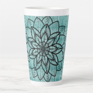 Mandala on Blue Aged Wood   Latte Mug