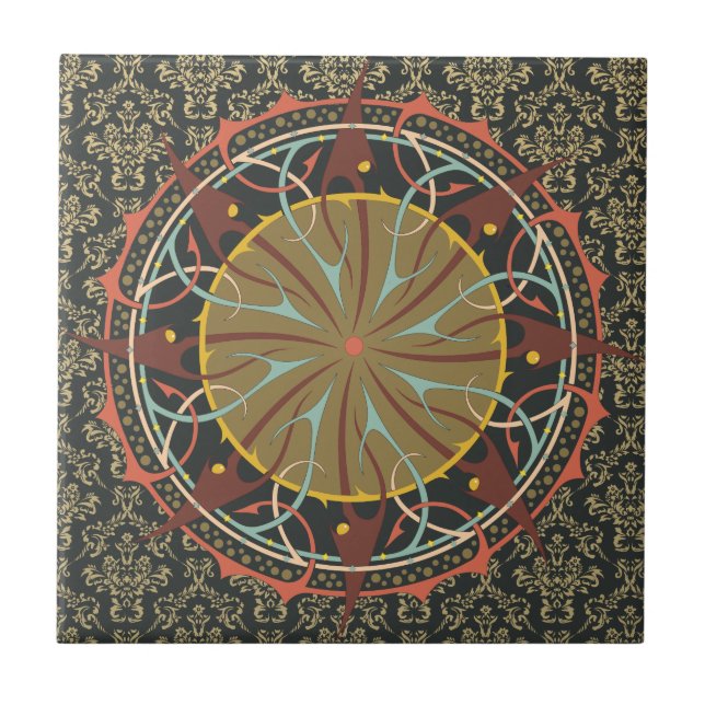 Mandala on damask Boho Bohemian retro Tile (Front)