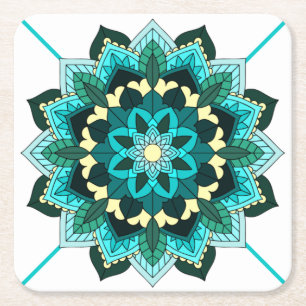 Mandala Pattern 02 in aqua Square Paper Coaster