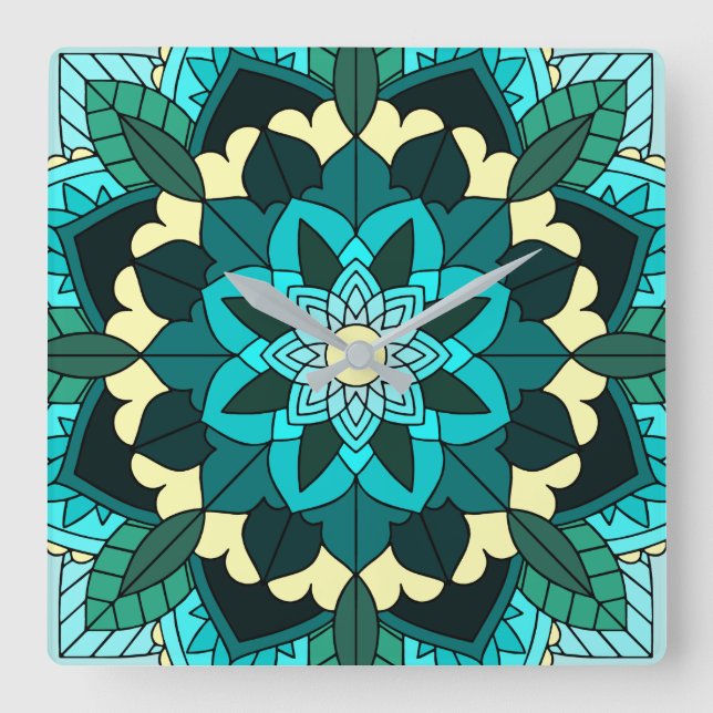 Mandala Pattern 02 in aqua Square Wall Clock (Front)