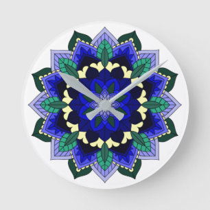 Mandala Pattern 02 in dark blue Round Clock