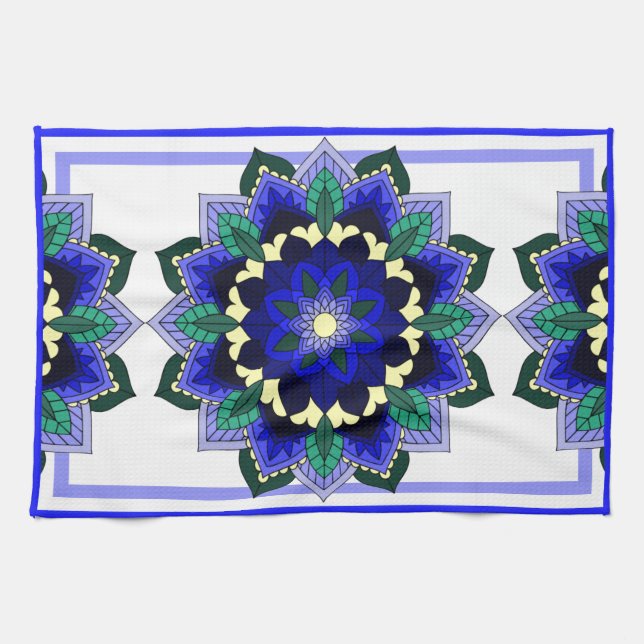 Mandala Pattern 02 in dark blue Tea Towel (Horizontal)