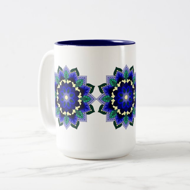 Mandala Pattern 02 in dark blue Two-Tone Coffee Mug (Front Left)