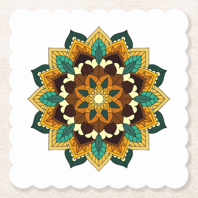Mandala Pattern 02 in yellow & tan Paper Coaster (Front)