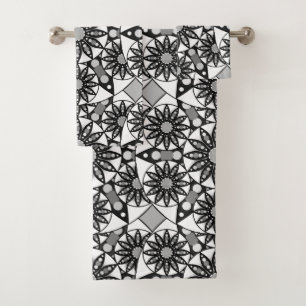 Mandala pattern, Black, White and Grey Bath Towel