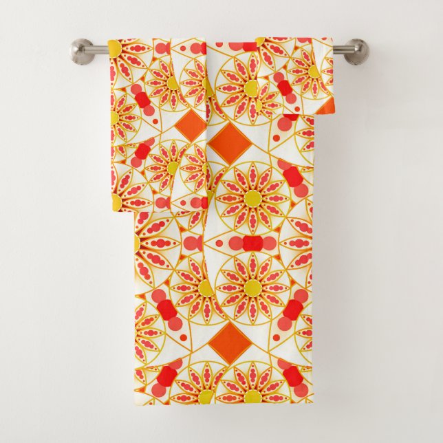 Mandala Pattern, Brick Red, Rust, Gold Bath Towel Set (Insitu)