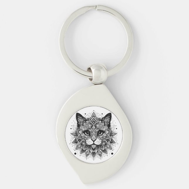 Mandala Pattern Cat Design Key Ring (Front)