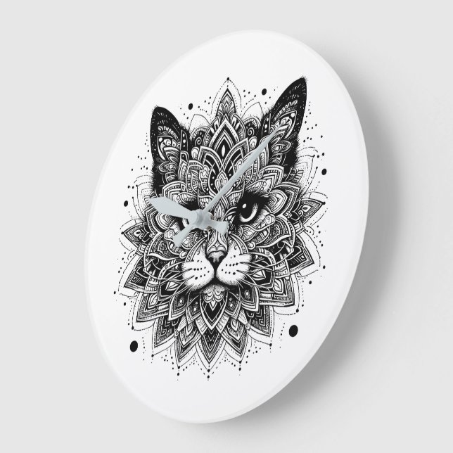 Mandala Pattern Cat Design Large Clock (Angle)