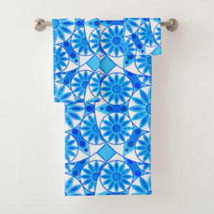 Mandala Pattern, Cobalt Blue, Turquoise and White Bath Towel Set