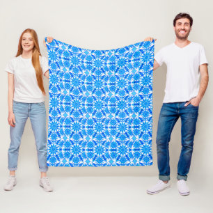 Mandala Pattern, Cobalt Blue, Turquoise and White Fleece Blanket