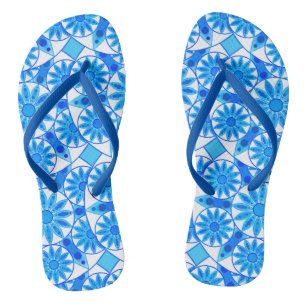 Mandala pattern, cobalt blue, turquoise and white flip flops