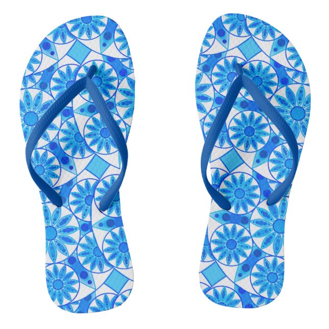 Mandala pattern, cobalt blue, turquoise and white flip flops (Footbed)