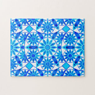 Mandala Pattern, Cobalt Blue, Turquoise and White Jigsaw Puzzle
