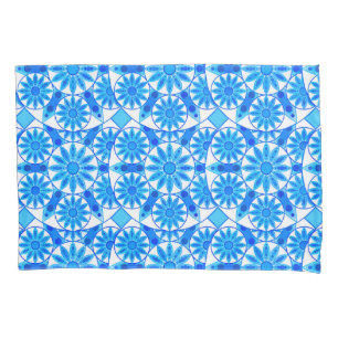 Mandala pattern, cobalt blue, turquoise and white pillowcase