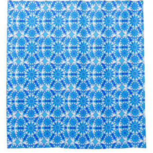 Mandala pattern, cobalt blue, turquoise and white shower curtain