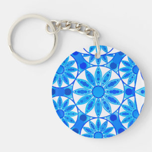 Mandala pattern, cobalt, turquoise and white key ring