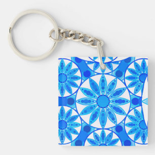 Mandala pattern, cobalt, turquoise and white key ring