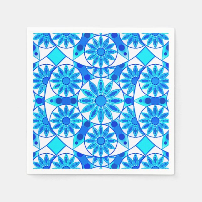 Mandala pattern, cobalt, turquoise and white napkin (Front)