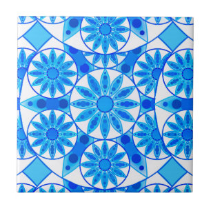 Mandala pattern, cobalt, turquoise and white tile