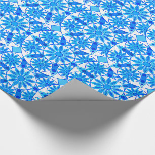 Mandala pattern, cobalt, turquoise and white wrapping paper