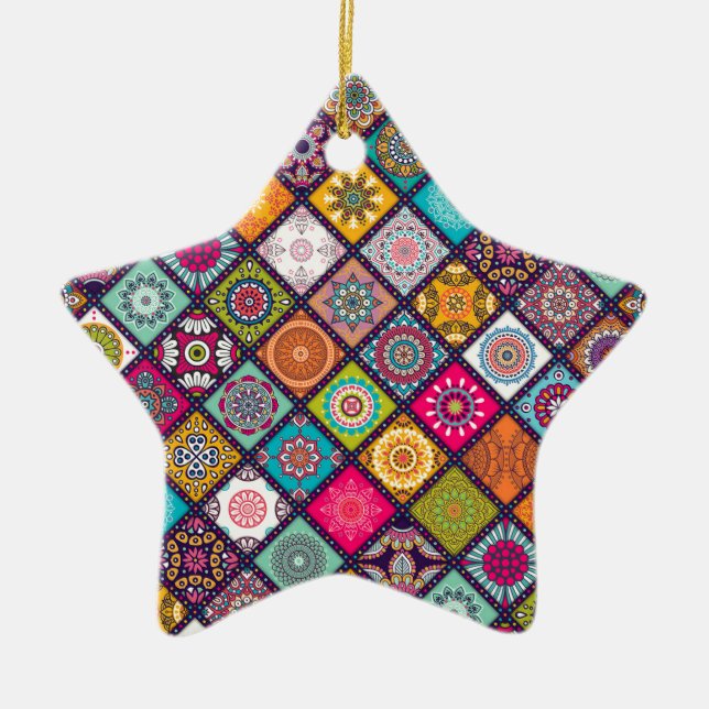 Mandala pattern colourful Moroccan Ceramic Tree Decoration (Front)