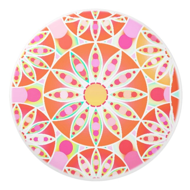 Mandala pattern, coral orange, pink, gold ceramic knob (Front)