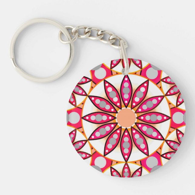Mandala pattern, coral, peach, white and grey key ring (Front)