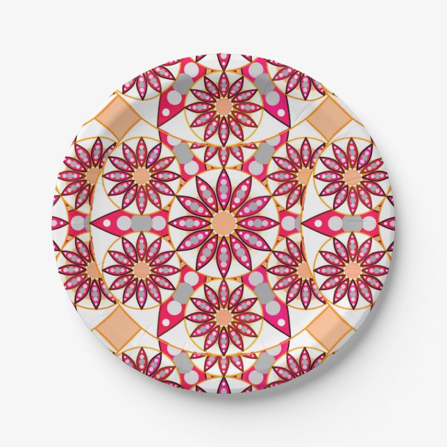 Mandala pattern, coral, peach, white and grey paper plate (Front)
