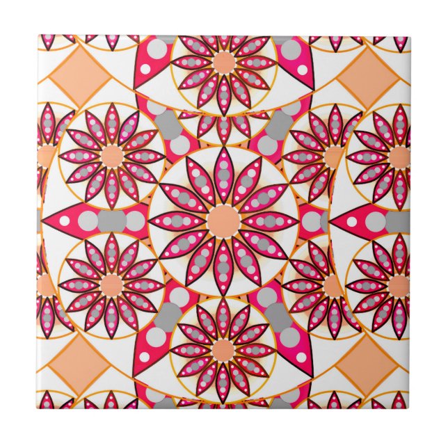 Mandala pattern, coral, peach, white and grey tile (Front)