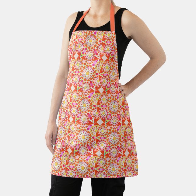 Mandala pattern, coral red, pink, gold apron (Insitu)