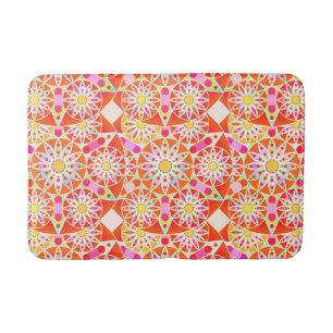 Mandala pattern, coral red, pink, gold bath mat