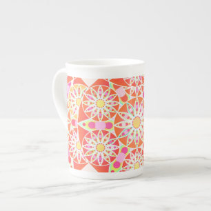 Mandala pattern, coral red, pink, gold bone china mug