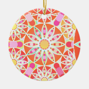 Mandala pattern, coral red, pink, gold ceramic tree decoration