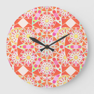 Mandala pattern, coral red, pink, gold large clock