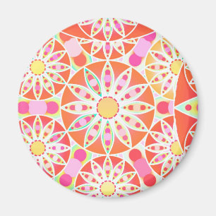 Mandala pattern, coral red, pink, gold magnet