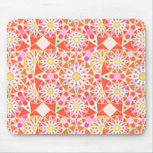 Mandala pattern, coral red, pink, gold mouse mat