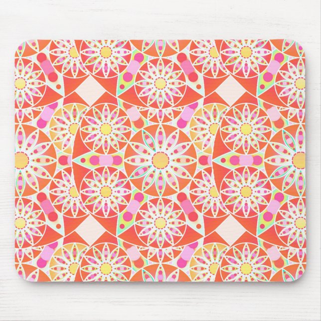 Mandala pattern, coral red, pink, gold mouse mat (Front)
