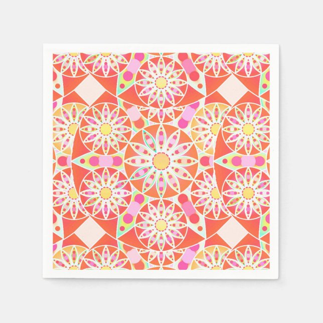 Mandala pattern, coral red, pink, gold napkin (Front)