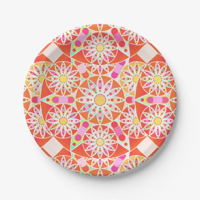 Mandala pattern, coral red, pink, gold paper plate (Front)