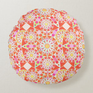 Mandala pattern, coral red, pink, gold round cushion