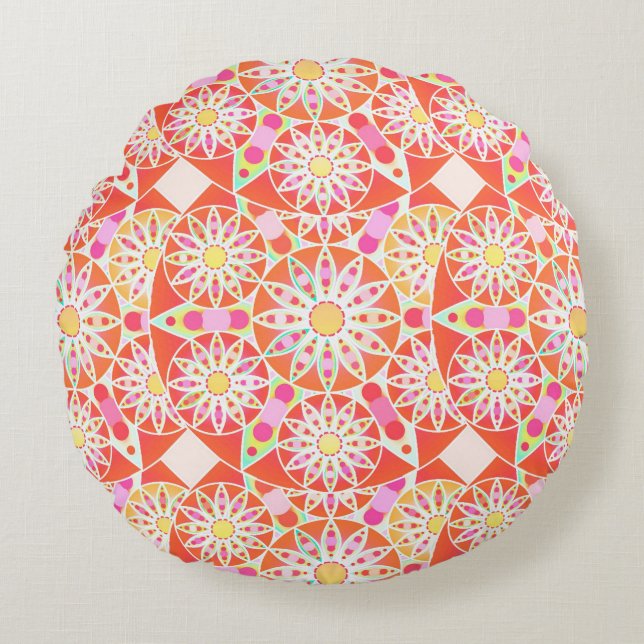 Mandala pattern, coral red, pink, gold round cushion (Front)