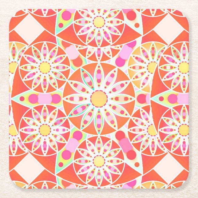 Mandala pattern, coral red, pink, gold square paper coaster (Front)