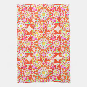 Mandala Pattern, Coral Red, Pink, Gold Tea Towel