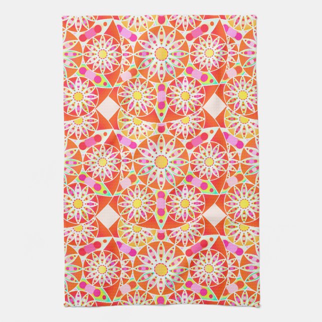 Mandala Pattern, Coral Red, Pink, Gold Tea Towel (Vertical)