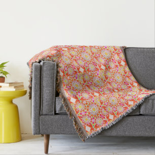 Mandala pattern, coral red, pink, gold throw blanket