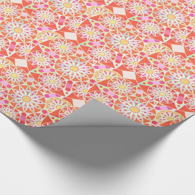 Mandala pattern, coral red, pink, gold wrapping paper (Corner)