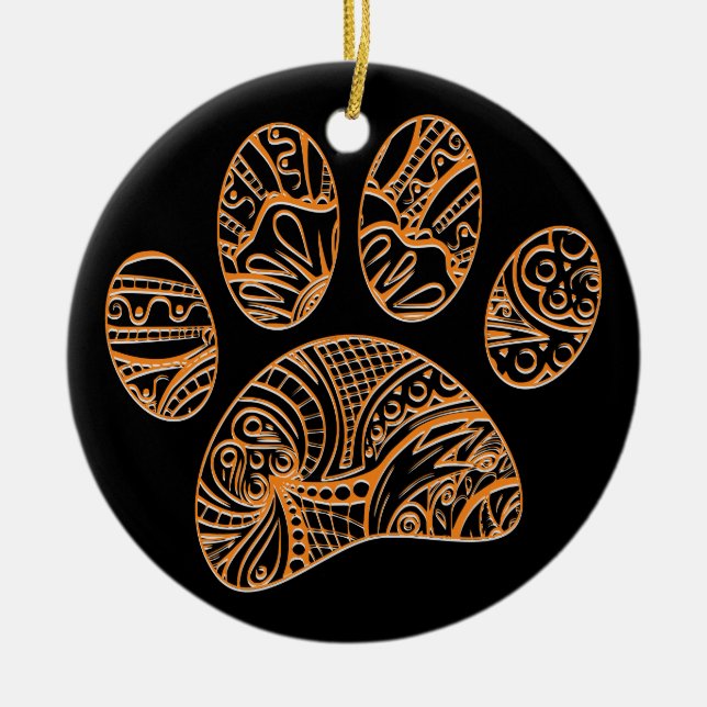 Mandala Pattern Dog Paw Print Ceramic Tree Decoration (Front)