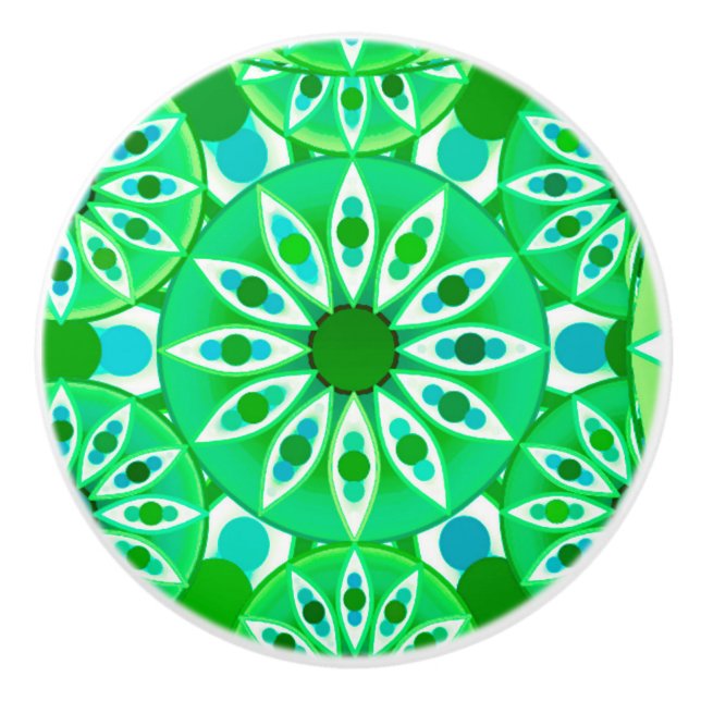 Mandala pattern, Emerald green and peacock Ceramic Knob (Front)