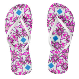 Mandala pattern, hot pink, black and white flip flops