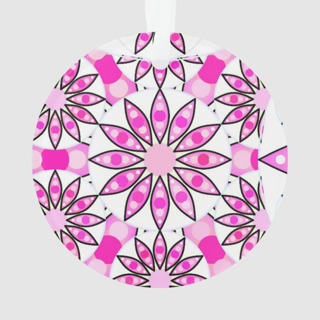 Mandala pattern, hot pink, black and white ornament (Back)